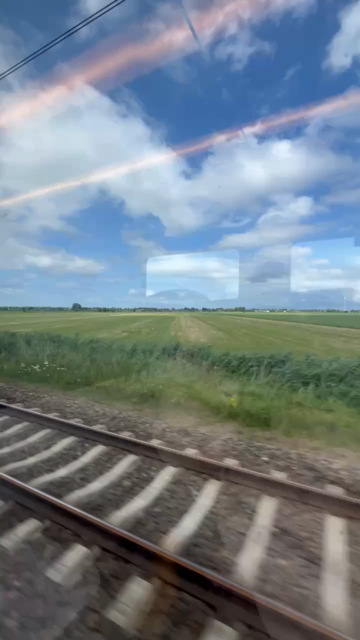Blauwe lucht, grasland en spoor.