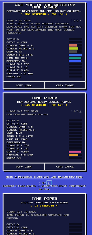 A screenshot of https://intheweights.com/p/tane-piper showing completely wrong information about me