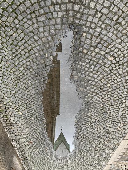 Same picture as before, just upside down. Now the reflection in the puddle has correct orientation, while the surroundings are wrong. Certainly inspired by @1moremin@mastodon.ie (huhuu, this is your fan club!)