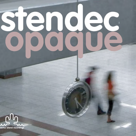 Stendec
Opaque

An album cover with a photo, taken from above, of a blurry man and woman walking through the Athens underground, slightly obscured by a clock that is resolutely not moving
