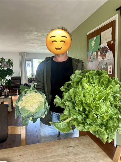 Een man met in de ene hand een bloemkool en in de andere hand een reusachtige krop andijvie.