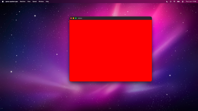 The macOS 26.2 desktop. In the background, the 10.6 background is visible. In the middle, there is a QEMU PPC window running OpenDarwin 6.6.2 from 2003 running my custom IOKit graphics code to draw a red screen to the framebuffer.