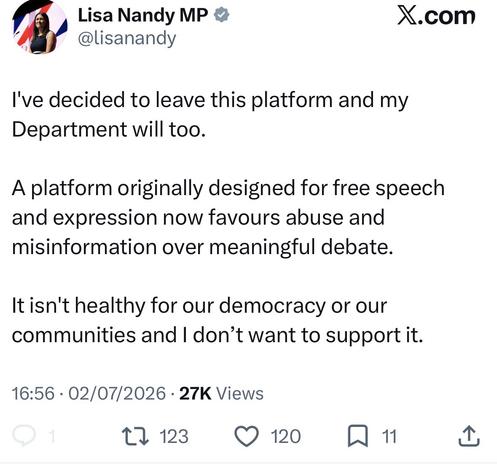 Lisa Nandy MP • @lisanandy
X.com
I've decided to leave this platform and my
Department will too.
A platform originally designed for free speech and expression now favours abuse and misinformation over meaningful debate.
It isn't healthy for our democracy or our communities and I don't want to support it.