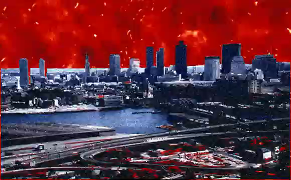 THE SKY OVER BOSTON IS LAVA AS A WEATHER IS HAPPENING LOGO RISES. THE WORD FADES IN "HAWT"