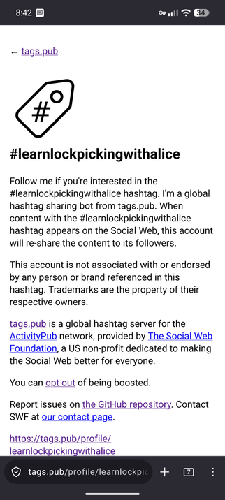 tags.pub's webpage for #LearnLockpickingWithAlice, used without permission.
