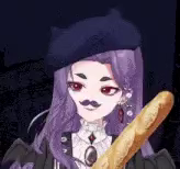 a girl with purple hair and a mustache is holding a long loaf of bread