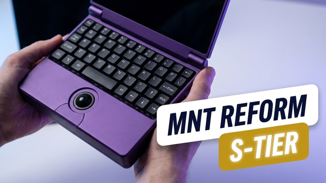 genai image of a purple "mnt pocket reform" mini laptop from the electromaker youtube channel. looks way wrong, trackball buttons are wrong, keyboard has too few keys, missing letters. the graphic says "MNT Reform S-Tier"