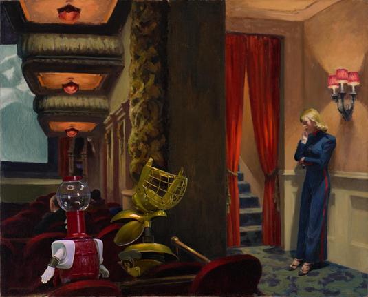 Edward Hopper's 1939 painting "New York Movie," depicting the corner of a sparsely-populated movie theater with a bored-looking usherette standing off to the side. Tom Servo and Crow T. Robot of "Mystery Science Theater 3000" have been photoshopped into two of the empty theater seats, adding significantly to the quality of the film's audience.