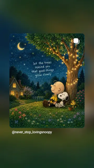 Snoopy und Charlie Brown nachts unter einem Baum, der mit Lichterketten geschmückt ist. Links das erleuchtete Haus von Charlie.
Text: let the trees remind you that good things grow slowly