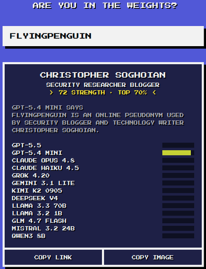 "flyingpenguin is an online pseudonym used by security blogger and technology writer christopher soghoian"