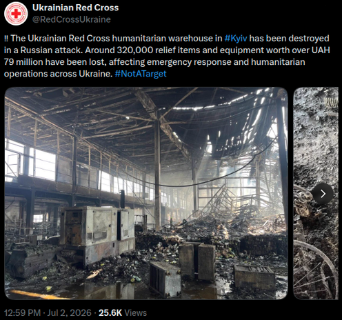 ‼ The Ukrainian Red Cross humanitarian warehouse in #Kyiv has been destroyed in a Russian attack. Around 320,000 relief items and equipment worth over UAH 79 million have been lost, affecting emergency response and humanitarian operations across Ukraine. #NotATarget