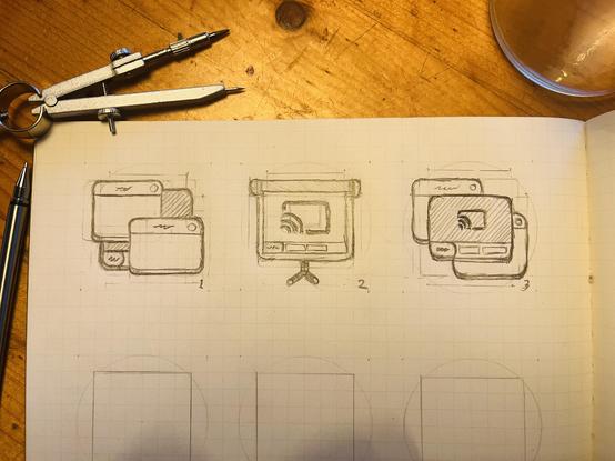Closeup of a notebook with grid paper on a wooden table showing 3 pencil icon sketches: 

1. Two floating windows popping out of a classic desktop interface.

2. A projector screen with tripod displaying a classic desktop interface and a "screen share" symbol

3. Two floating windows behind a classic desktop interface showing a the "screen share" symbol