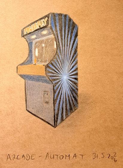 Farbstift-Zeichnung eines Arcade-Automaten auf braunem Karton