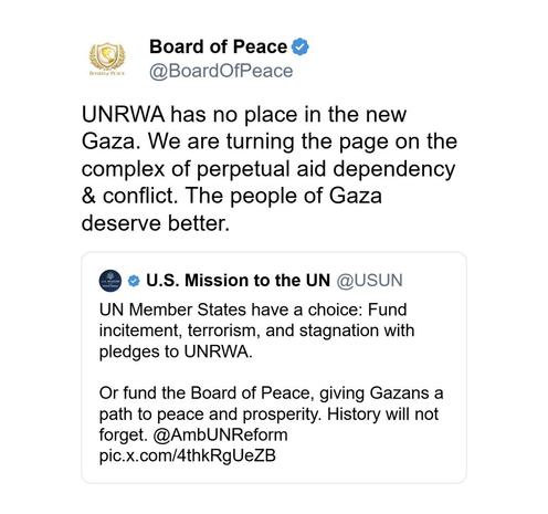 Board of Peace *
@BoardOfPeace
UNRWA has no place in the new Gaza. We are turning the page on the complex of perpetual aid dependency & conflict. The people of Gaza deserve better.