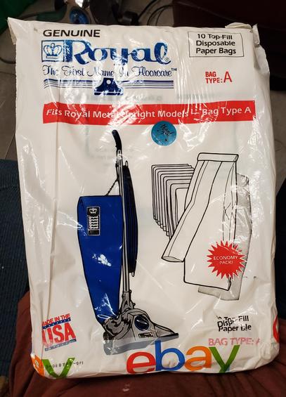 A circa-1992 pack of Royal Type A disposable vacuum bags. The bottom of the pack has been covered with tape bearing the eBay logo, and a small "Thank You" sticker in the middle.
