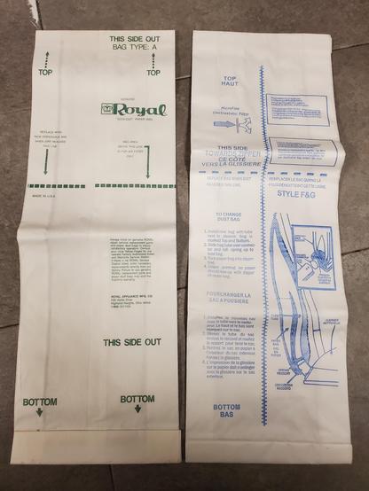 "Out" side of the Royal Type A and Eureka Style F&G vacuum bags.