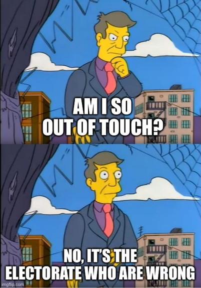 Simpsons’ Principal Skinner 2-panel “Am I so out of touch?” meme (eponymous first panel)

Second panel: “No, it’s the electorate who are wrong”