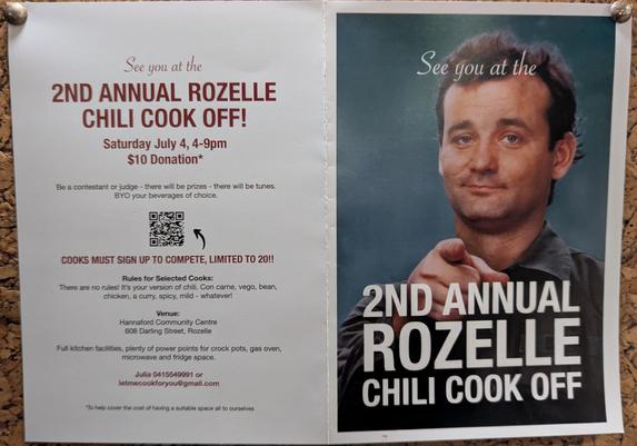 Flyer for the 2nd Annual Rozelle Chili Cookoff, July 4th.