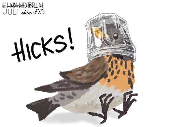 Digitale Zeichnung: eine Drossel sitzt auf dem Boden. Ihr Kopf "steckt" in einem Schnapsglas. Text: HICKS!