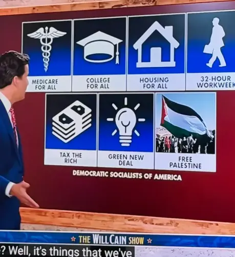 MEDICARE FOR ALL

COLLEGE FOR ALL

HOUSING FOR ALL

32-HOUR WORKWEEK

TAX THE RICH

GREEN NEW DEAL

FREE PALESTINE

(DEMOCRATIC SOCIALISTS OF America)
