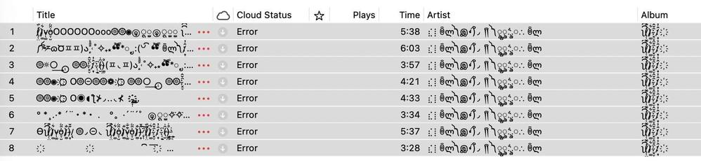 A screenshot from the ‘songs’ part of Apple Music/iTunes, showing the eight tracks with weird ASCII names and the cloud status of each being ‘Error’.