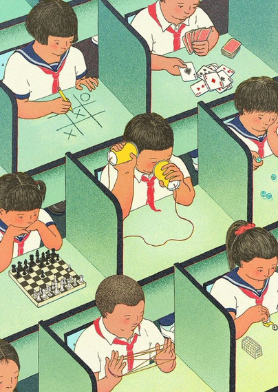 An illustration showing a bird's-eye view of a classroom filled with cubicles. Children wearing white uniforms and red ties are secretly playing games in their individual stalls, including one child in the center using a tin can telephone to communicate.