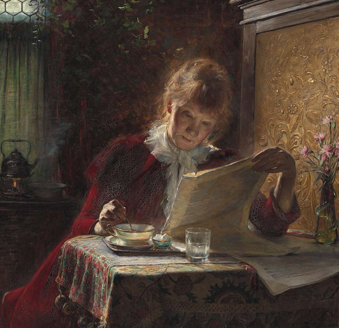 A stunningly lifelike oil painting from the Victorian era, of a lady of respectable age sitting with a cup of tea, stirring it with a spoon, and a glass of water, reading a newspaper. With natural red hair, soft and frizzy in a very human way, her gracefully wrinkled face is turned down to the reading and the soft sunlight from a window behind and above reflects the light off the paper onto her face, making her look radiant and beautiful while also deeply realistic, real and human. Handsome but not fantastically beautiful, not idealised but stunning in rendition and life. She's wearing what looks to be a red tea gown, informal but luxurious, and there's a little kettle on a stove behind her, steaming. Everything is painted in a photorealistic level of detail, but with artful saturation and gloom beyond just a photo.