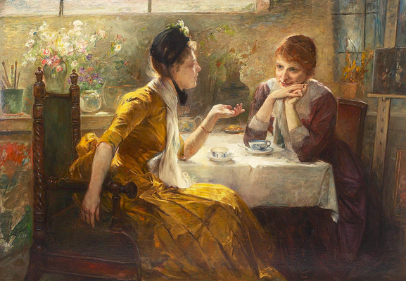 A glowingly warm and intricate but also impressionistic Victorian oil painting of two women drinking tea and chatting in a lovely, sparsely decorated studio space, bathed in light. The woman on the front is wearing a sunflower yellow dress and black bonnet, and is positively radiant while gesturing in the middle of her explanation of something. The woman in a dark dusky pink is gazing at her with an amused expression, red hair tidied up close to her head. There's a lot of life and expression on their faces, in their expressions and mannerisms. Stunning painting, once again not prone to the idealistic romantic style of many Victorian painters who made women look more like dolls. The brushwork is quite rough and heavy in places, giving the painting texture while not succumbing to overwrought softness.