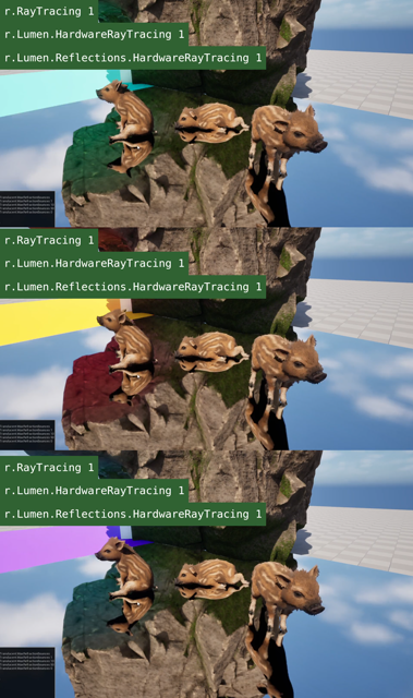 video showing comparison between hardware and software raytracing with lumen and in a special case the reflections turn black.