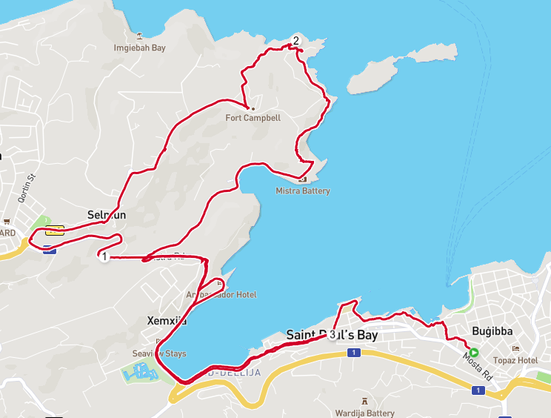 a map showing route taken indicated as a red line that twists and turns from st pauls bay to Xemxija to Selmun tower to Blata il-Bajda - to Mistra Bay back to Xemxija and back home to St Pauls Bay