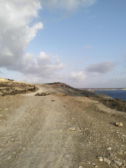 Looking back up a stony dusty limstone track that goes back to Mellieha and Blata il-Bajda, to the right side scrub and stones to the left a cliff drop into the sea below. The headland of Slugs Bay in the waters of Mellieha Bay are just visible as a white and green strip of land in the distance on the horizon. The sky is blue and filled with slowly dissipating white fluffy clouds