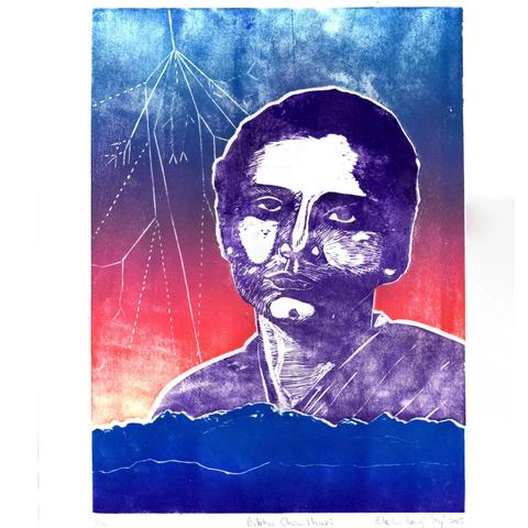 As described this is my linocut portrait of Bibha Chowdhuri, with a mountain range featuring Sandpakphu in front, sky with schematic of an extensive air shower behind her. She is a serious young Indian woman printed in purple ink with head and shoulders at a slight angle. The mountains are in a gradient of dark to light blue as we rise from the bottom of the page. The sky is a vivid gradient of colour like at dawn with a yellow umber through orange, pink, magenta and blue as it rises behind her and the mountains. Carved away in white is a near vertical line at the top branching repeatedly like a tree into straight, dashed and wiggly lines to indicate a particle cascade.