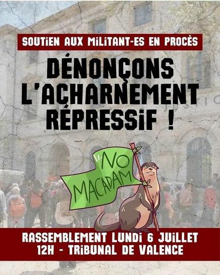 Soutien aux militant.es en procès

Dénonçons l'acharnement répressif ! 

Rassemblement lundi 6 juillet 12h - Tribunal de Valence