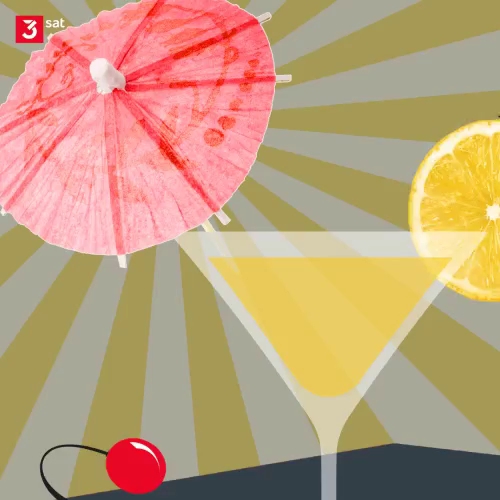 Animation eines riesigen Schirmchen-Drinks, in den eine Person mit einem Kopfsprung hechtet. Oben links das 3sat-Logo.