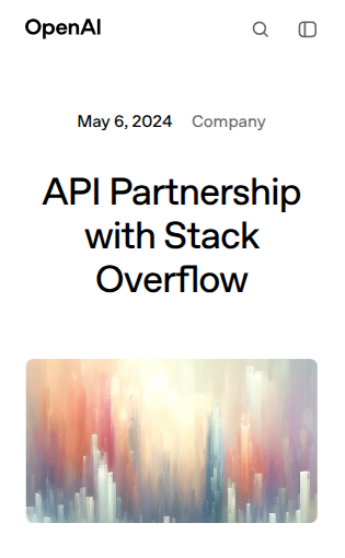 Screenshot of an OpenAI blog post titled "API Partnership with Stack Overflow" published May 6, 2024.
