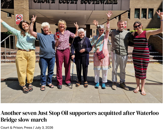 Picture of the seven defendants outside Southwark Crown Court today.

Another seven Just Stop Oil supporters acquitted after Waterloo Bridge slow march