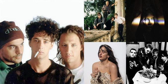 Collage of photos of the bands Soda Stereo, R.E.M., Lady Gaga, ROSALÍA, The Damned