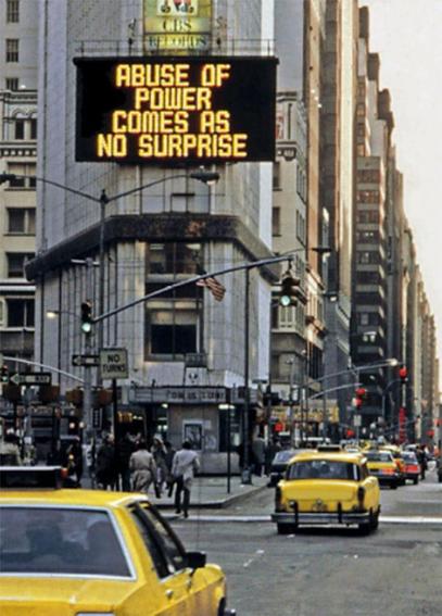NYT sign in times square around 1980 that says abuse of power comes as no surprise