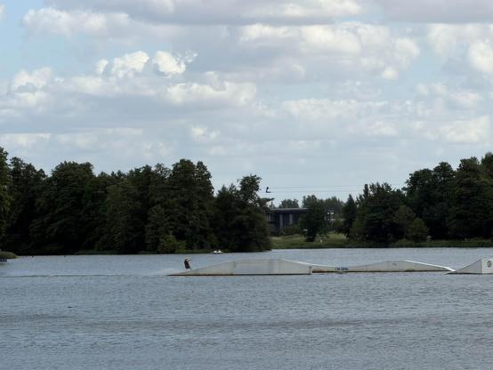 Photo of a lake. Water trees and blue sky.