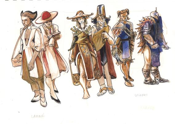 a lineup of characters from factions called lakne and ucikara. some more from the city and others more farmers and wilderness rangers archetypes.The costumes are color coordinated so that they appear as part of the same world but distinct per faction.