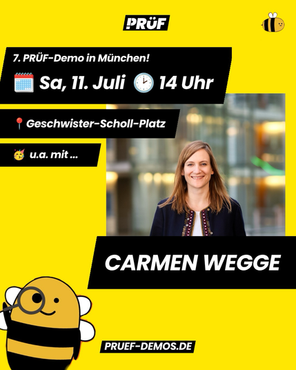 Auf gelben Hintergrund sieht man das Foto von Carmen Wegge, Mitglied des deutschen Bundestags und rechtspolitische Sprecherin ihrer Fraktion. Sie wird am 11. Juli bei der PRÜF Demo sprechen.