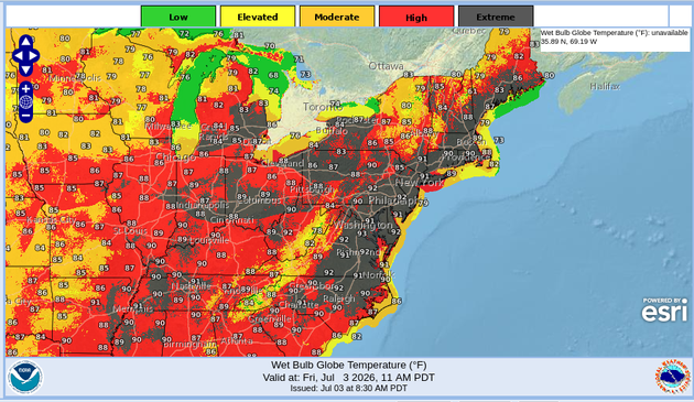 Large swath of gray area "Extreme" wet bulb on a map of the East Coast