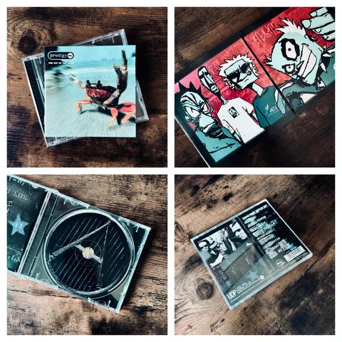 A set of four images showcasing the album artwork and CD from The Fat of the Land by Prodigy.