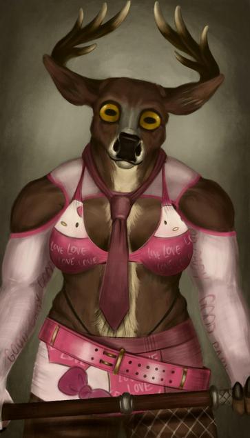 An portrait of an anthropomorphic deer with yellow eyes and tawny fur with a white stripe,  shown down to the thighs. She's is strong and muscular, leaning forward slightly and looking directly at the viewerz, holding the shaft of a weapon in both hands. She is wearing a pink hello kitty outfit: sleeves in light pink with 'good baby' written along them, hot pink bra with hello kitty faces and 'love' printed across them, a burgundy tie, a mini skirt and a hot pink belt, and the straps of a black thong are visible. The right leg is in a white fishnet stocking. The shaft of the weapon in engraved with the sigil AL at the left end.