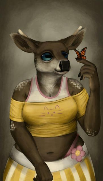 A portrait of a short anthropomorphic deergirl with fawn fur, blue eyes, the bottom half of her face speckled white, as are the to
tips of her ears, shoulders, and elbows, looking off to the right at a red monarch butterfly landing on her finger. She is wearing a yellow cropped off the shoulder t-shirt with a motif of a cat in pink on it, over a white sports bra with pink edges, and a yellow and white striped form fitting skirt. Visible is the pink waistband of her panties. On the white waistband of her skirt is a pink flower with a yellow centre, which is signed with the sigil AL in pink. The background is a mottled gradient of Green-greys