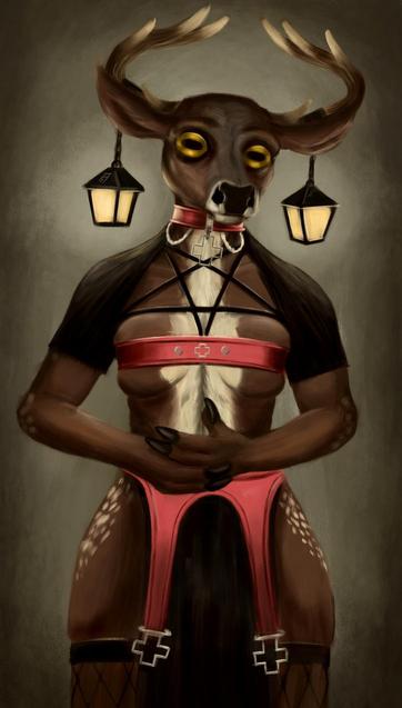 A portrait of an anthropomorphic deer woman with light brown fur and a cream stripe down her middle, with spots of the same colour on her thighs, and yellow eyes. Two lanterns hang from her antlers, one on each, casting a glow on her shoulders and the background. She is wearing a revealing outfit of a pink collar with silver chains and a plus shaped pendent, a black top across her back and shoulders and straps making an inverted pentagram across her chest, a pink belt around her breast with a similar plus shaped detail in the middle, a black loincloth with pink suspender belt, and black fishnet tights just visible. She looks directly at the viewer. The left-hand lantern has the sigil AL scratched into the top. The background os mottled neutral green