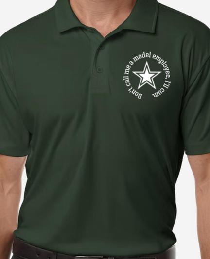 a green polo on a model. on the left upper chest it says "Don't call me a model employee, I'll cum. " in a circle around a star.