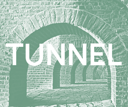 The title image of the Tunnel training, feature that work in white caps over a duo-tone photo of a medieval brick tunnel.