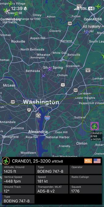 Air traffic map of DC area, showing the new AF1 plane.