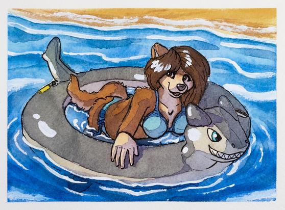 A watercolor painting of an anthro otter woman chilling in the sea on an inflatable.